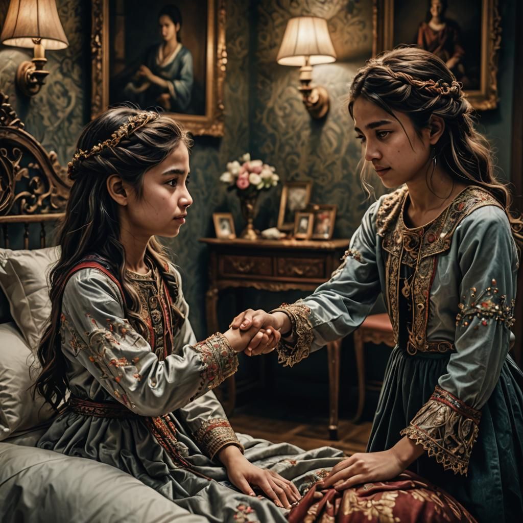 Girls Holding Hands in Bedroom: Hyperrealistic Image