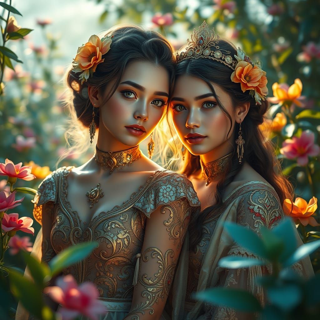 Dreamlike Goddesses in Vibrant, Mystical Landscape