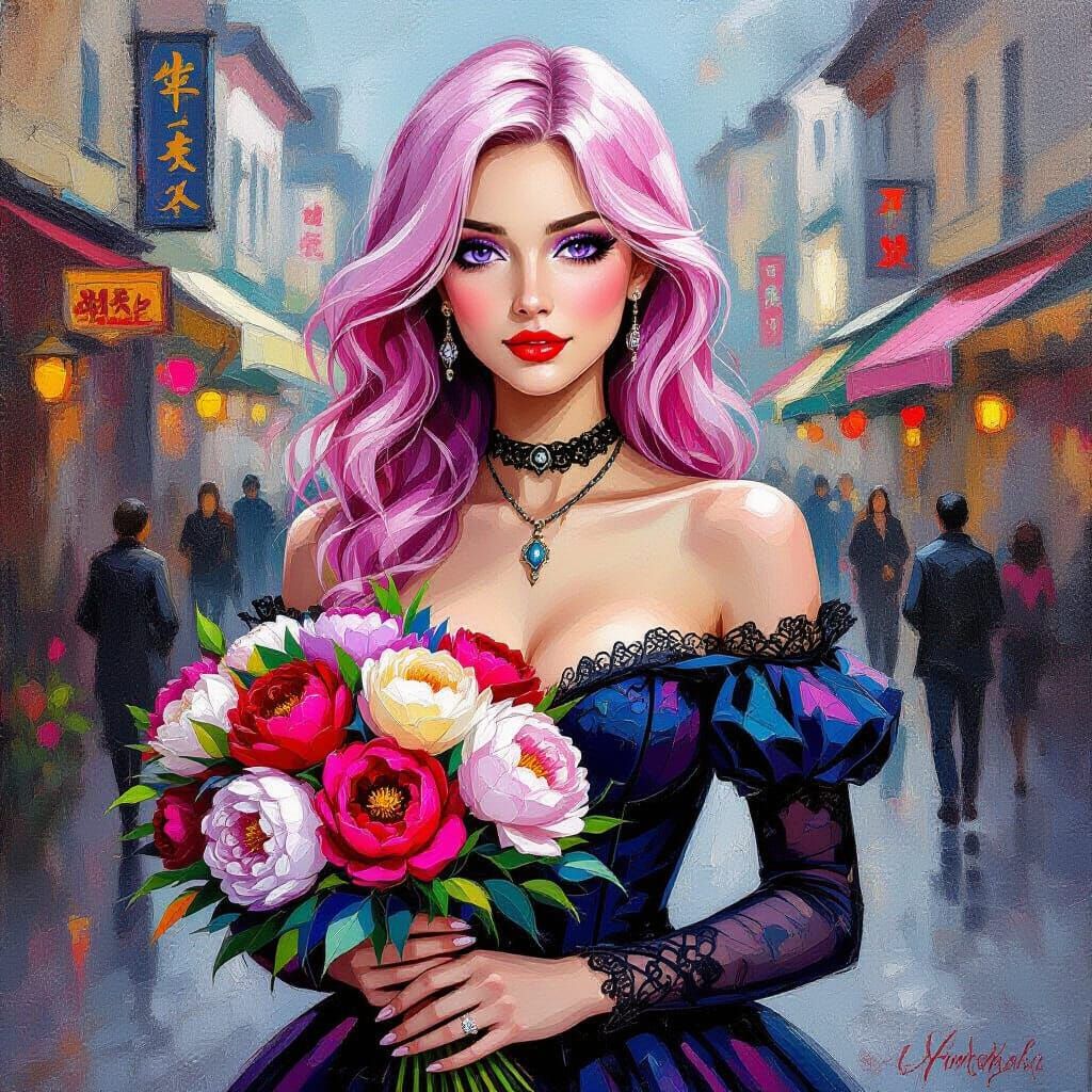 Gothic Woman with Peonies in Neo-Impressionist Festival