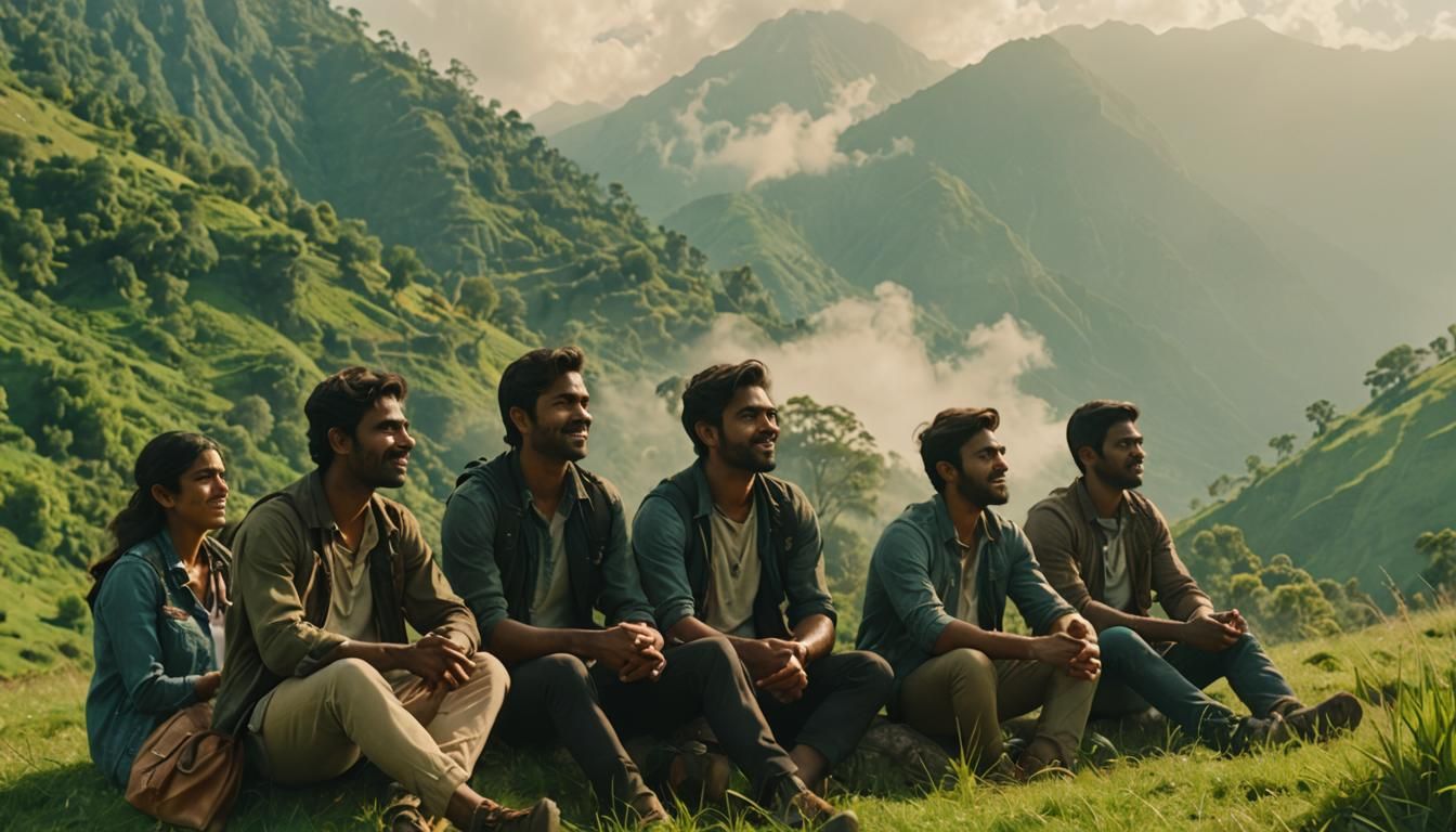 Indian Travelers on Lush Green Mountainside at Golden Hour