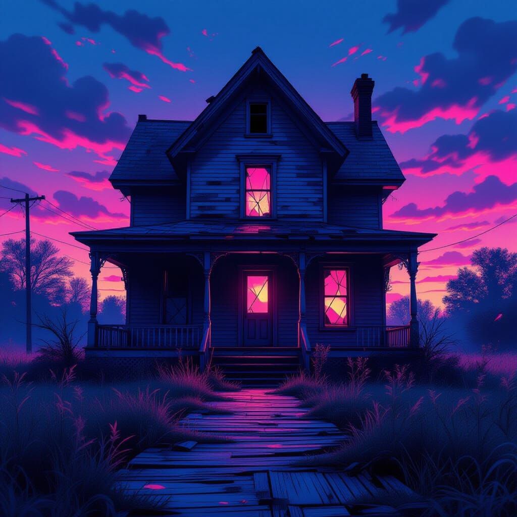 Abandoned House at Dusk in Synthwave Style