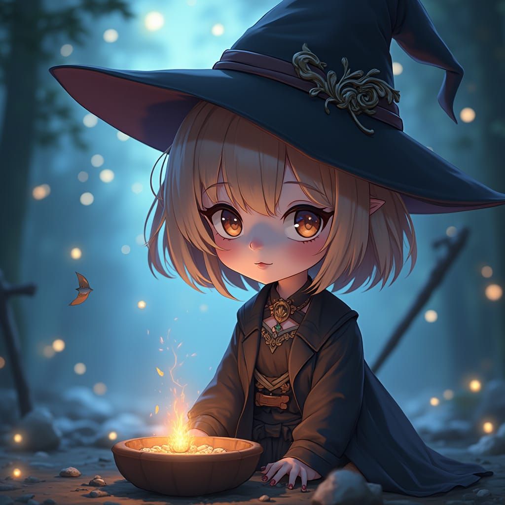 Chibi Witch with Ghostly Background in 3D Anime Style