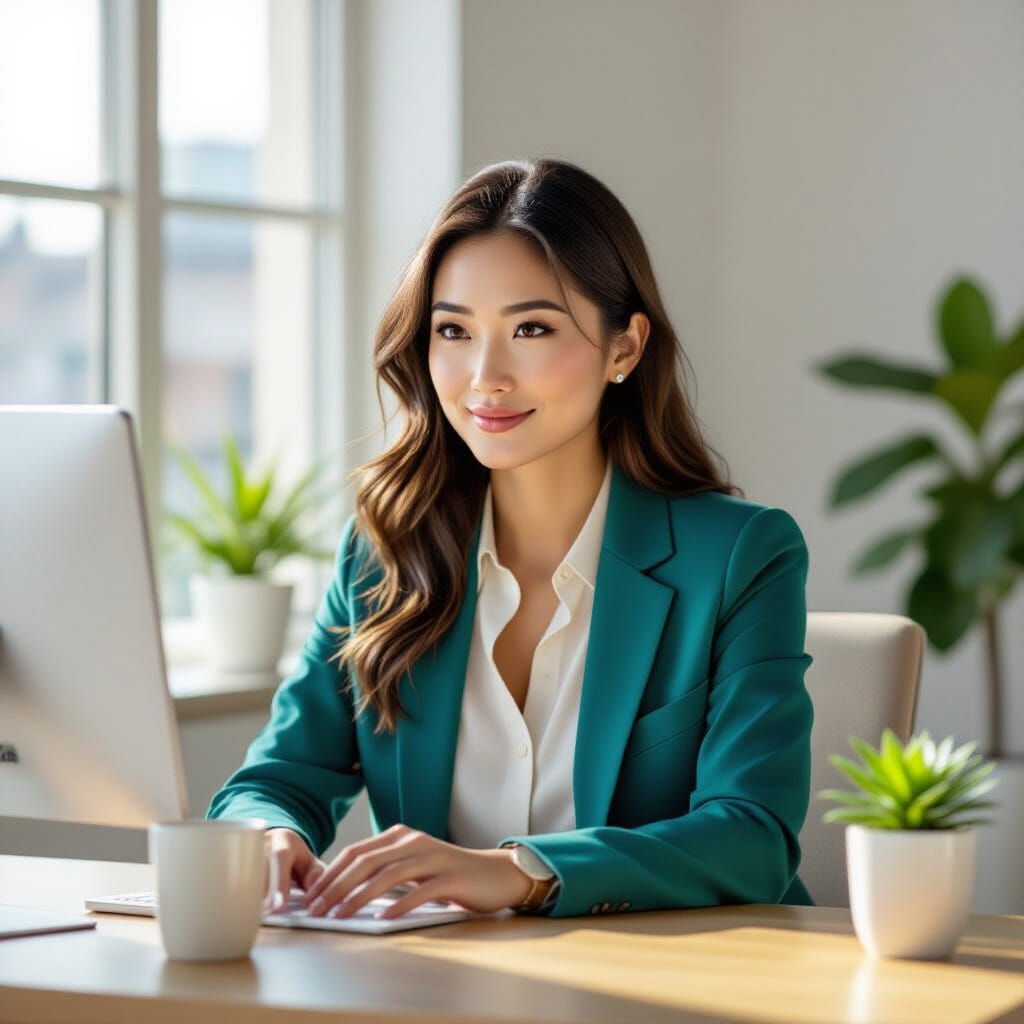 Serene Office Scene: Woman Working at Desk