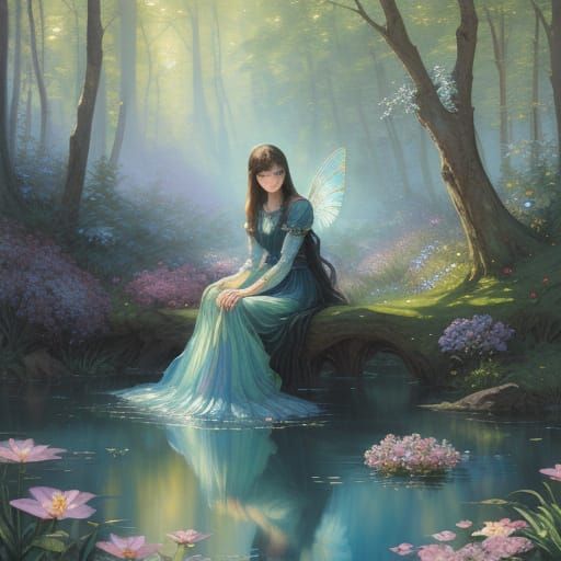 Water Fairy by Lake: Impressionist Gouache Painting