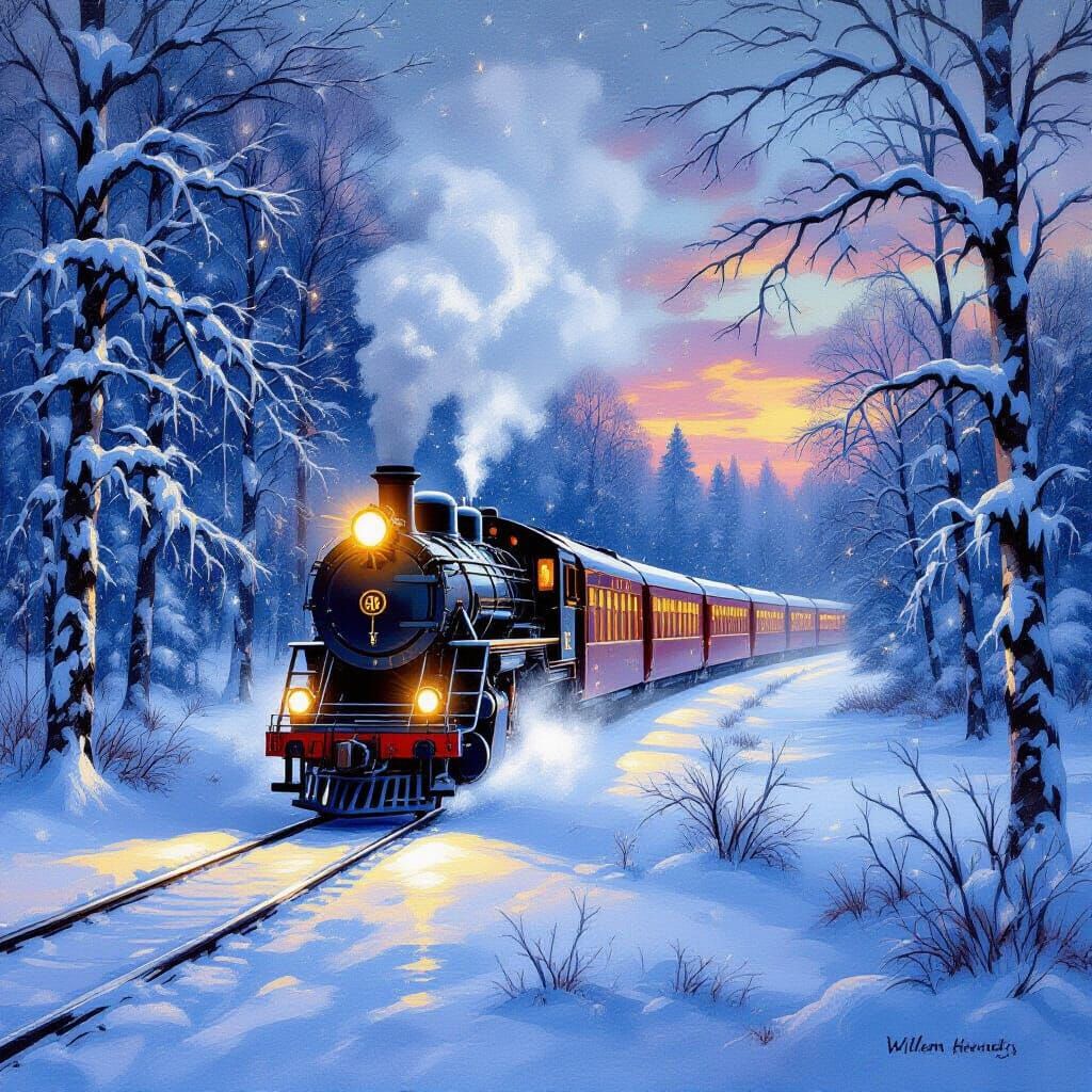 New Year's Train Through Snowy Forest Landscape