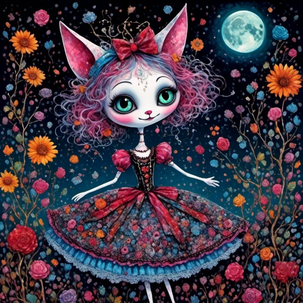 Whimsical Cat in Enchanted Forest, Naive Art