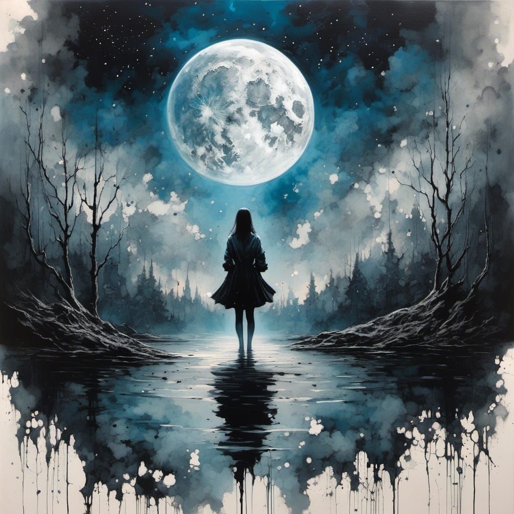 Lonely Girl on Swing, Watercolor Painting