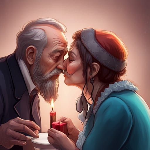 Romantic Birthday Kiss Portrait in Detailed Style