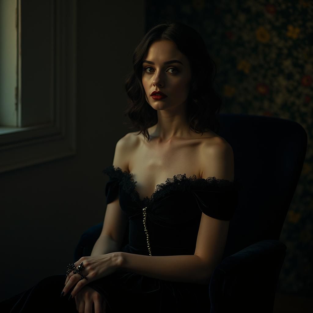 Ethereal Vampire Woman in Opulent Gown