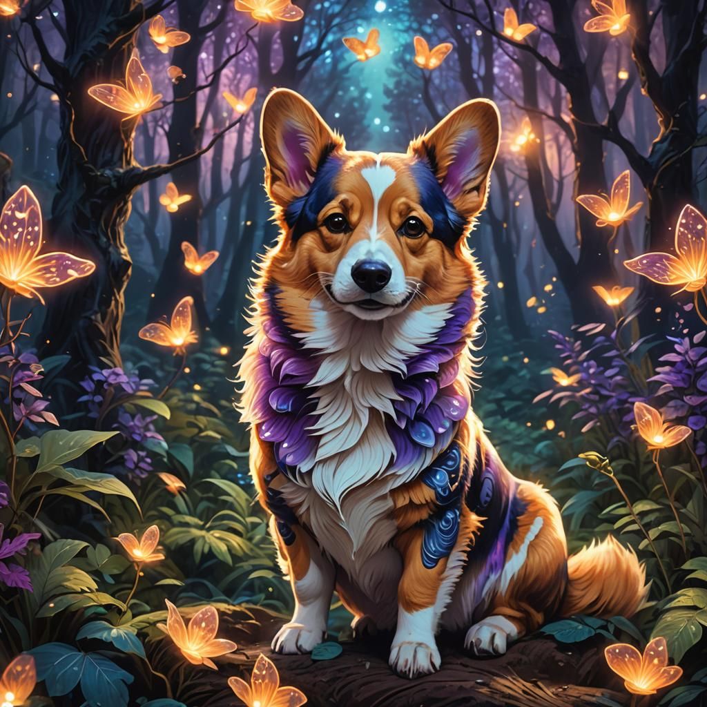 Mystical Tattooed Corgi in Enchanted Forest