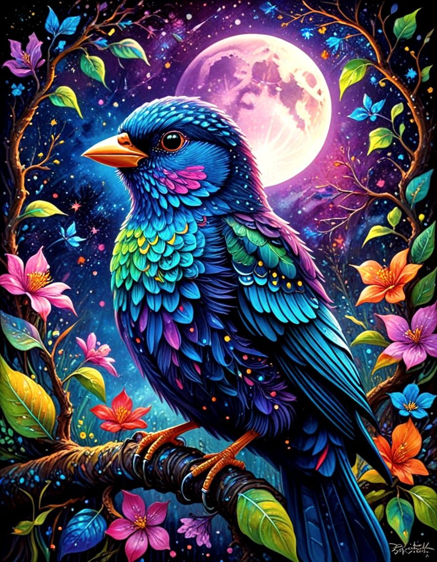 Ethereal Spangled Cotinga in Cosmic Swamp Scene