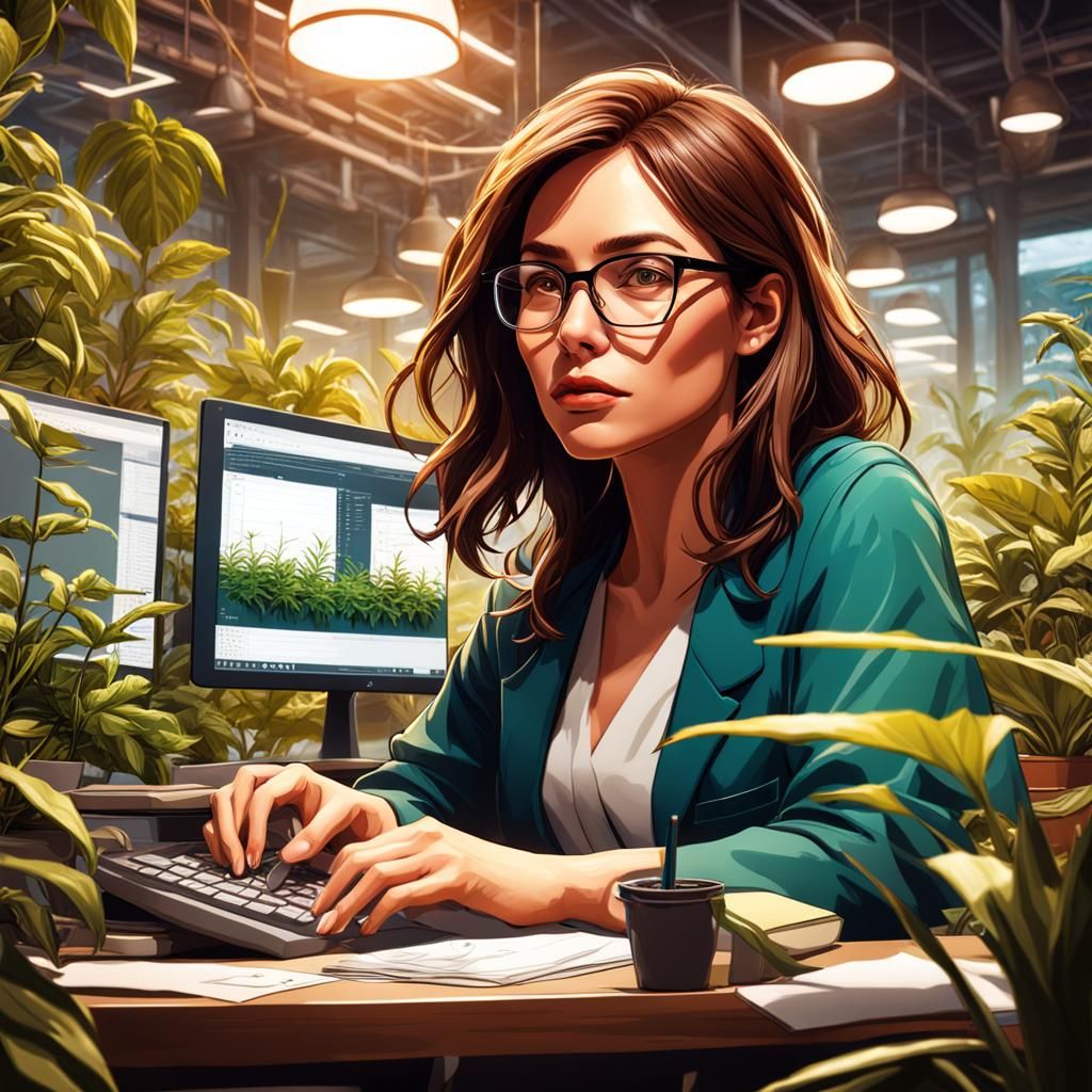 Data Analyst Surrounded by Plants: Digital Matte Painting