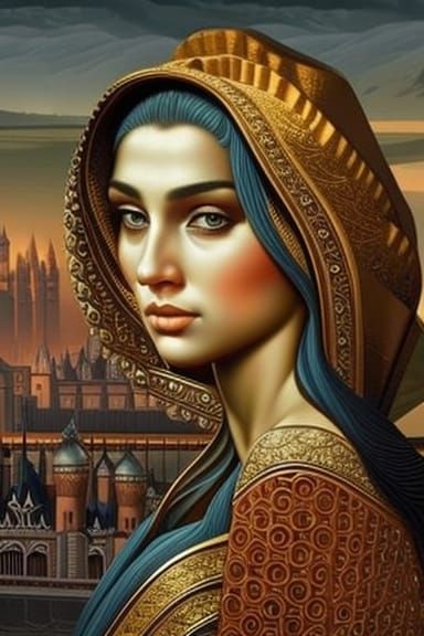 Woman with Cityscape in Medieval Digital Art Style