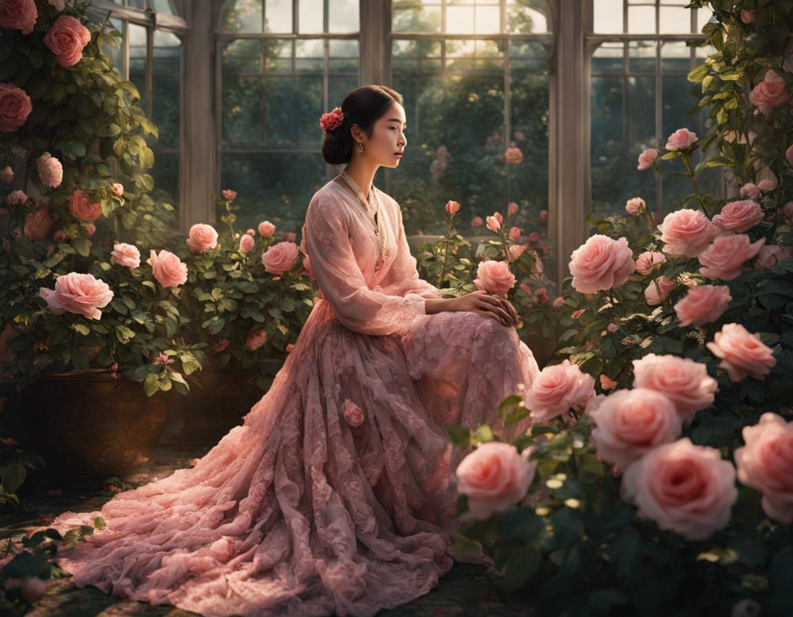 Elegant Woman in a Rose Garden
