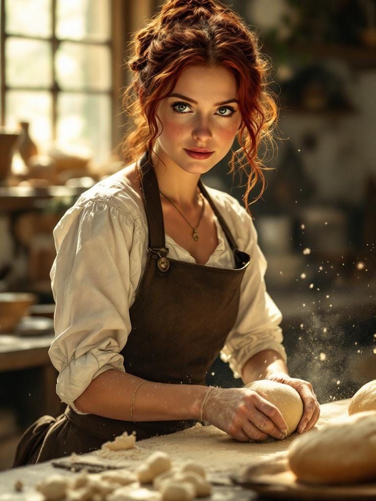 Redhead Baker Kneading Dough: Rockwell and Spielberg Style