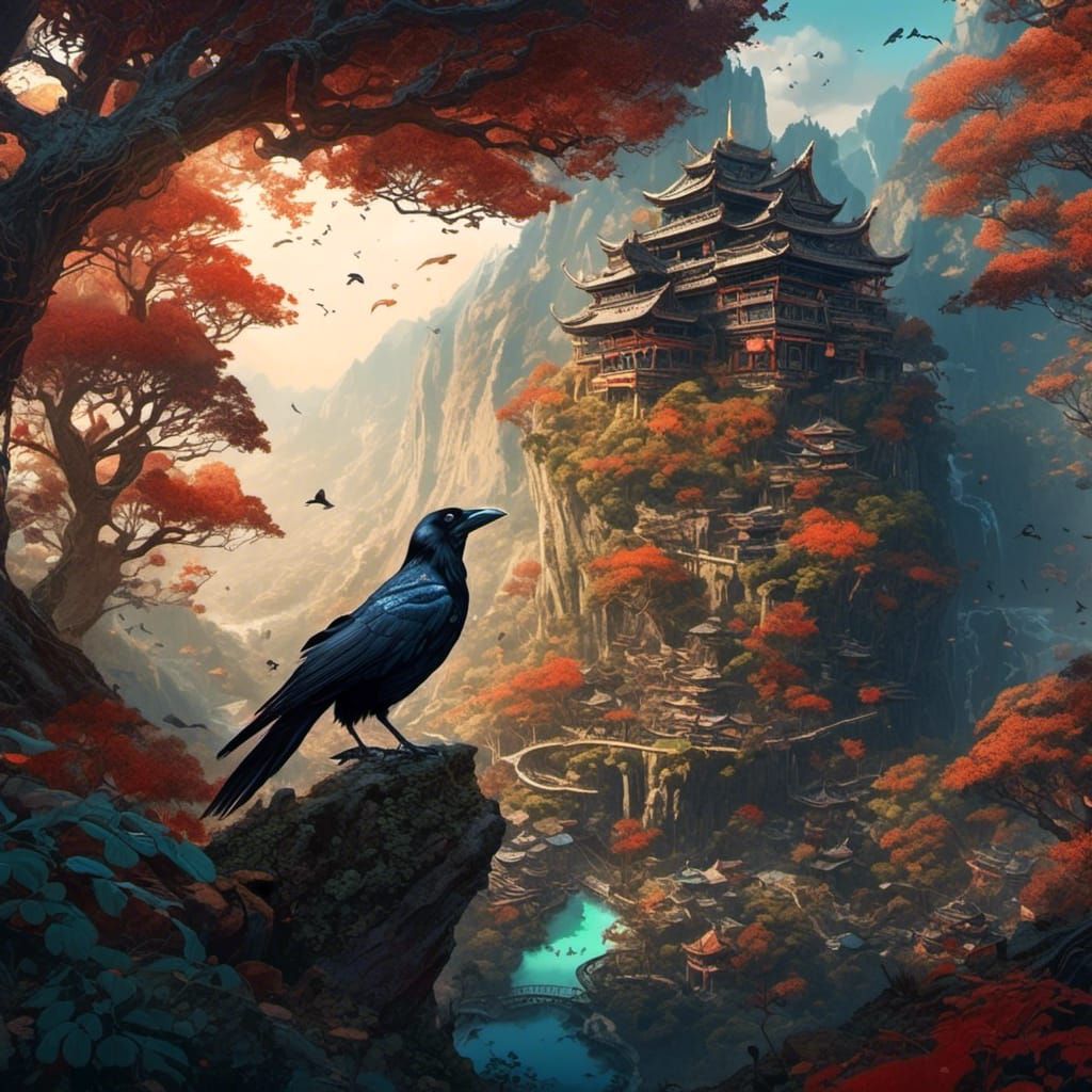 Elderly Crow on Mount Meru in Dark Fantasy Style