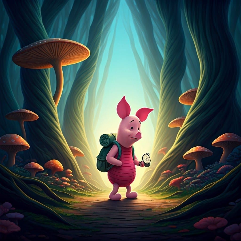 Distraught Piglet in Surreal Forest: Pixar-Inspired 3D Art