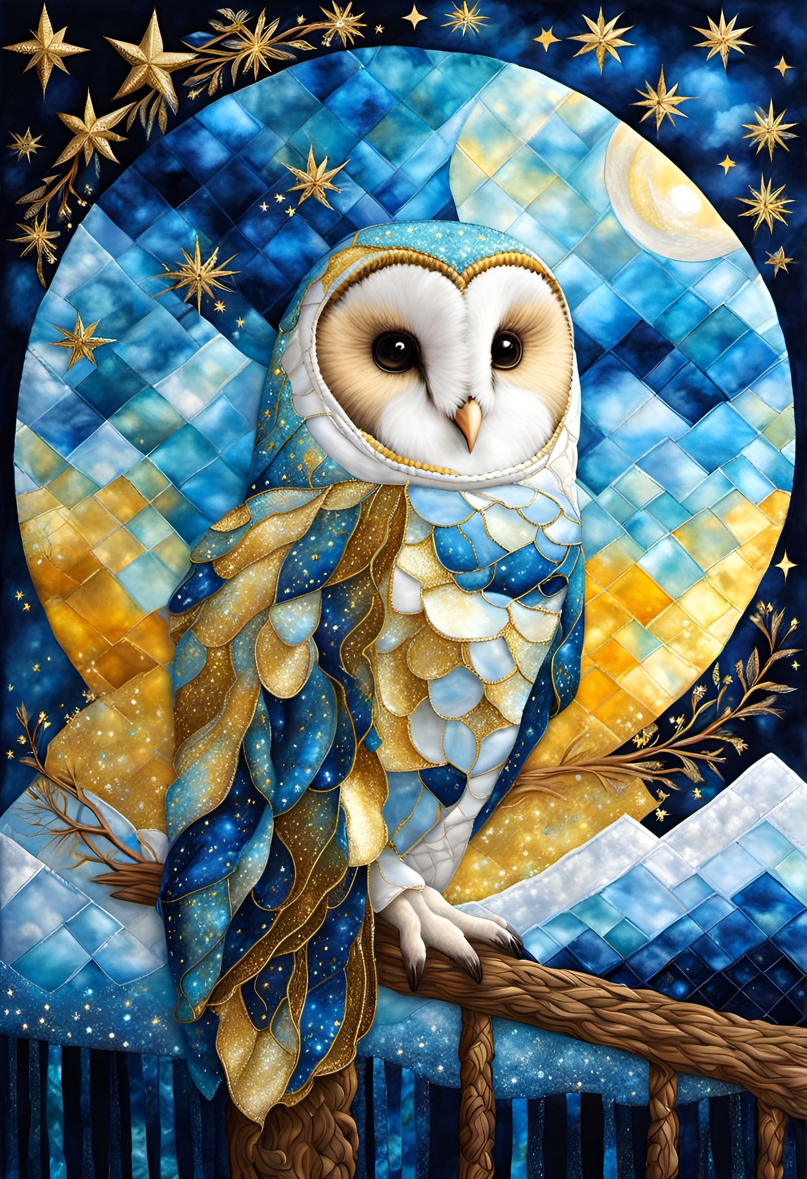 Quilted Barn Owl in Celestial Fabric Seascape