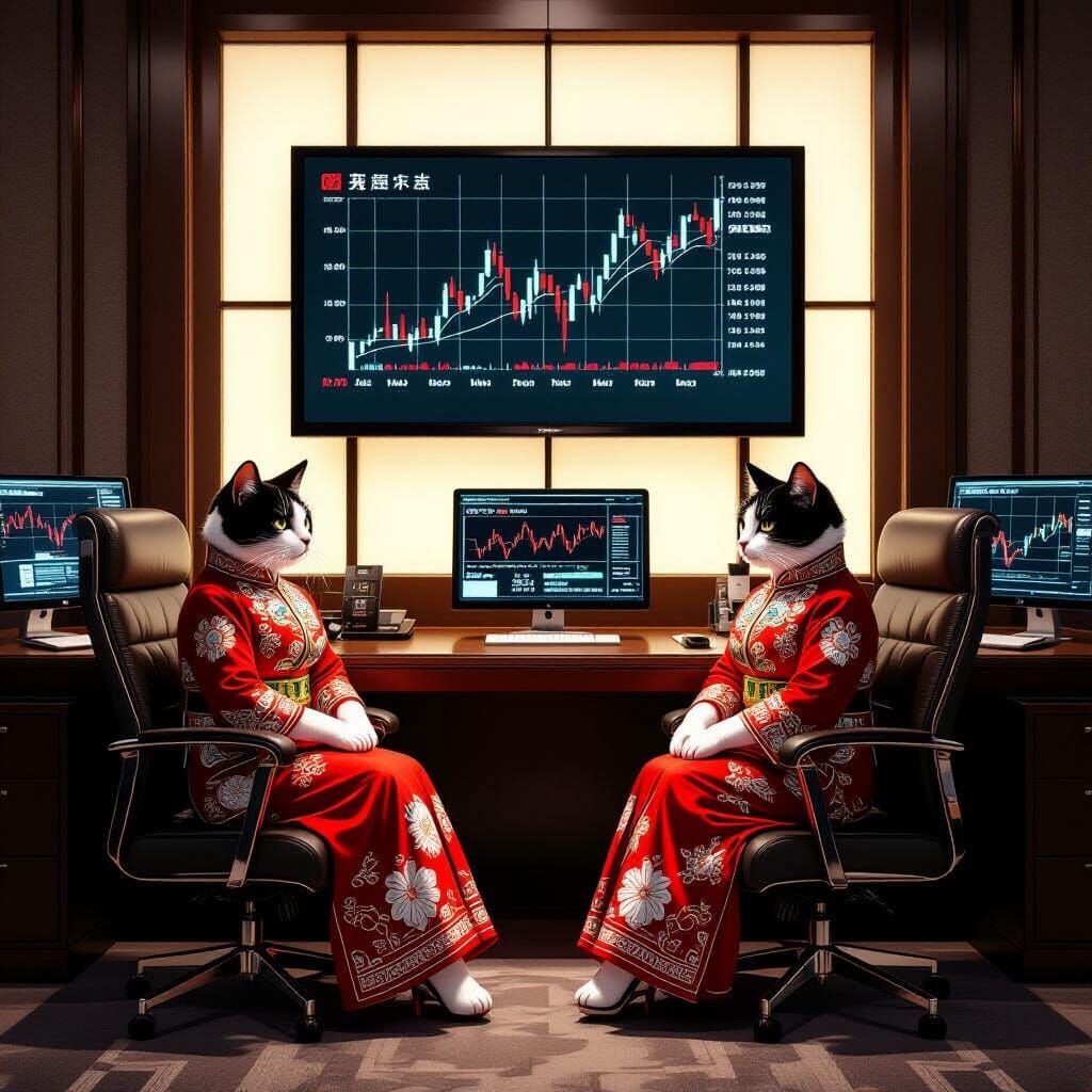 Cats in Qipaos Working in Futuristic Business Room