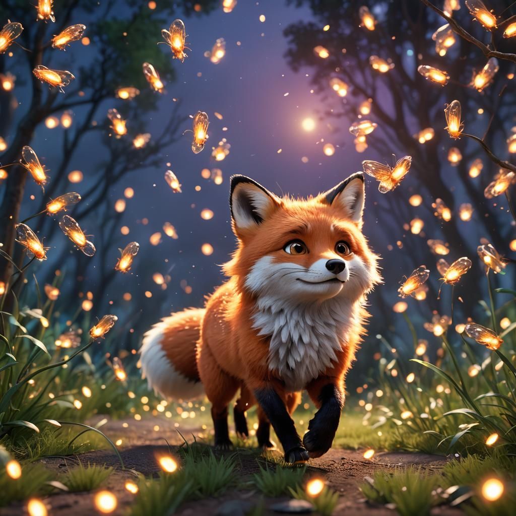 Fluffy Fox Chasing Fireflies in Pixar Style