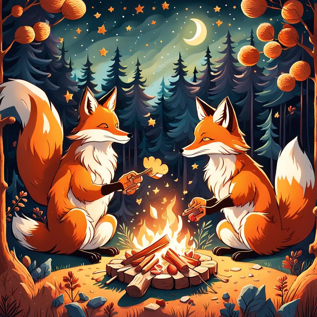 Whimsical Foxes Roasting Chicken in Forest Clearing