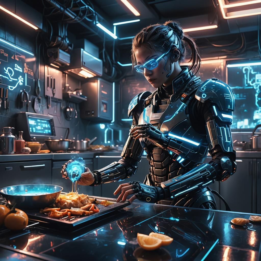 Cyberpunk Cyborg Cooking in Futuristic Neon Kitchen