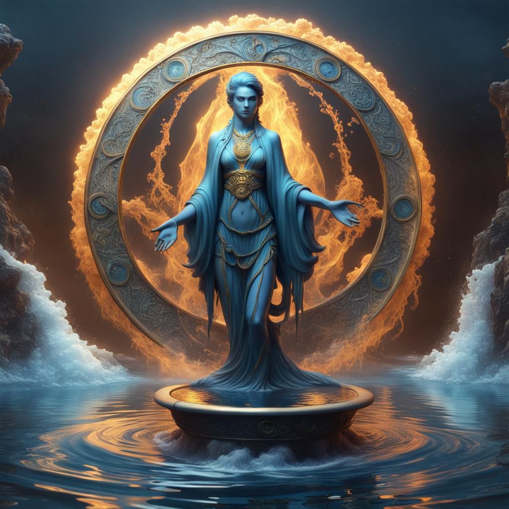 The central figure combines the Aquarius water bearer with t...