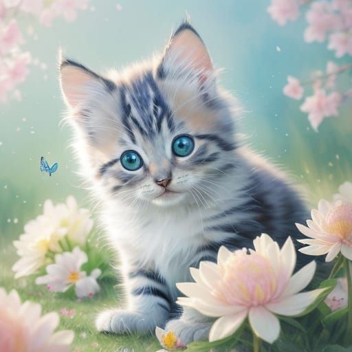 Whimsical Kitten with Butterfly in Dreamy Watercolor Style