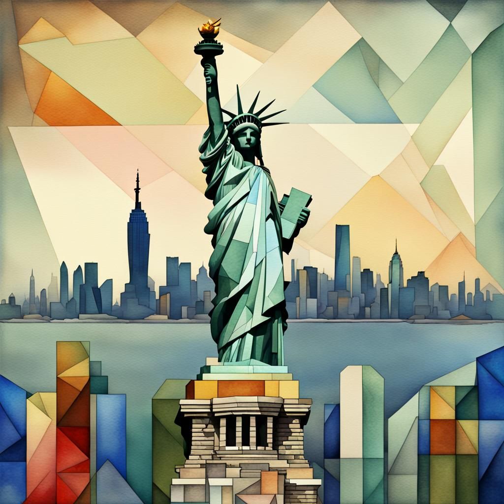 Cubist Statue of Liberty Watercolor Art Deco