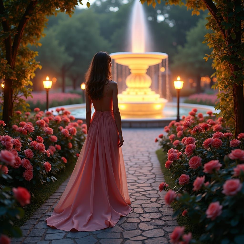 Woman in Rose Garden at Night, Hyperrealistic Style