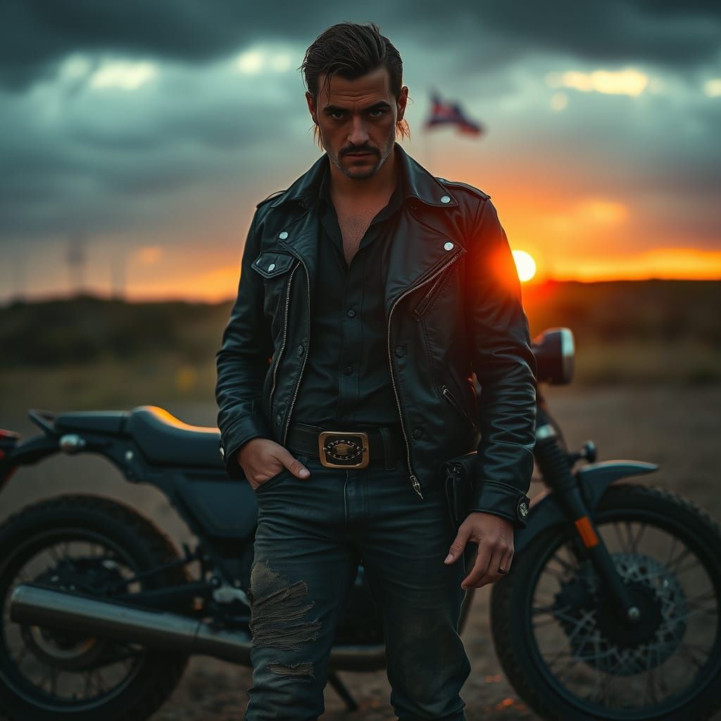 Gritty Biker Silhouette Against Stormy Sunset