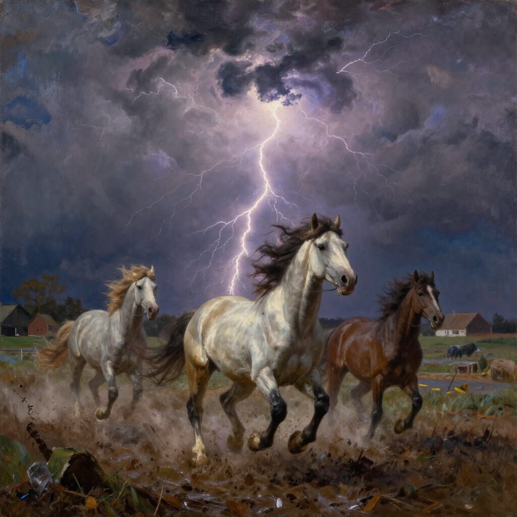 Wild Horses Gallop Through Stormy Farm Landscape Oil Paintin...