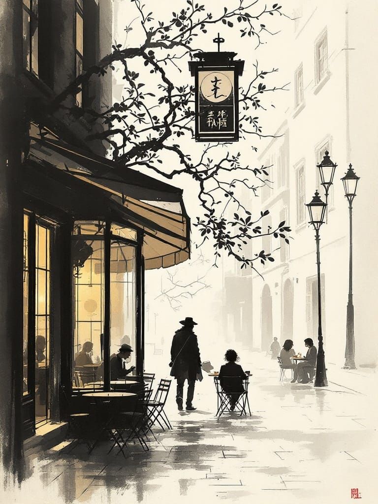 Whispers through the Mist, Ink Brush Café Scene