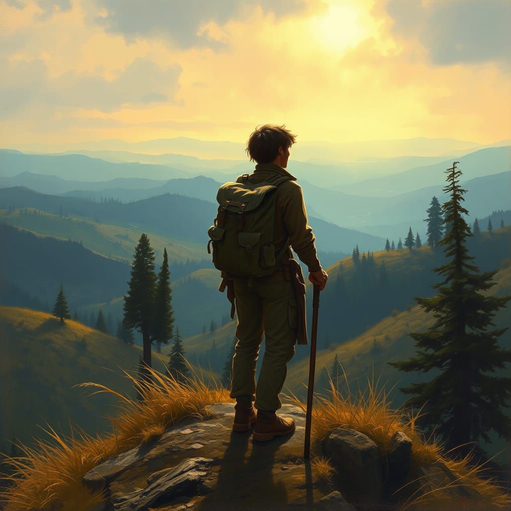 Nostalgic Figure Gazing at Mystical Landscape