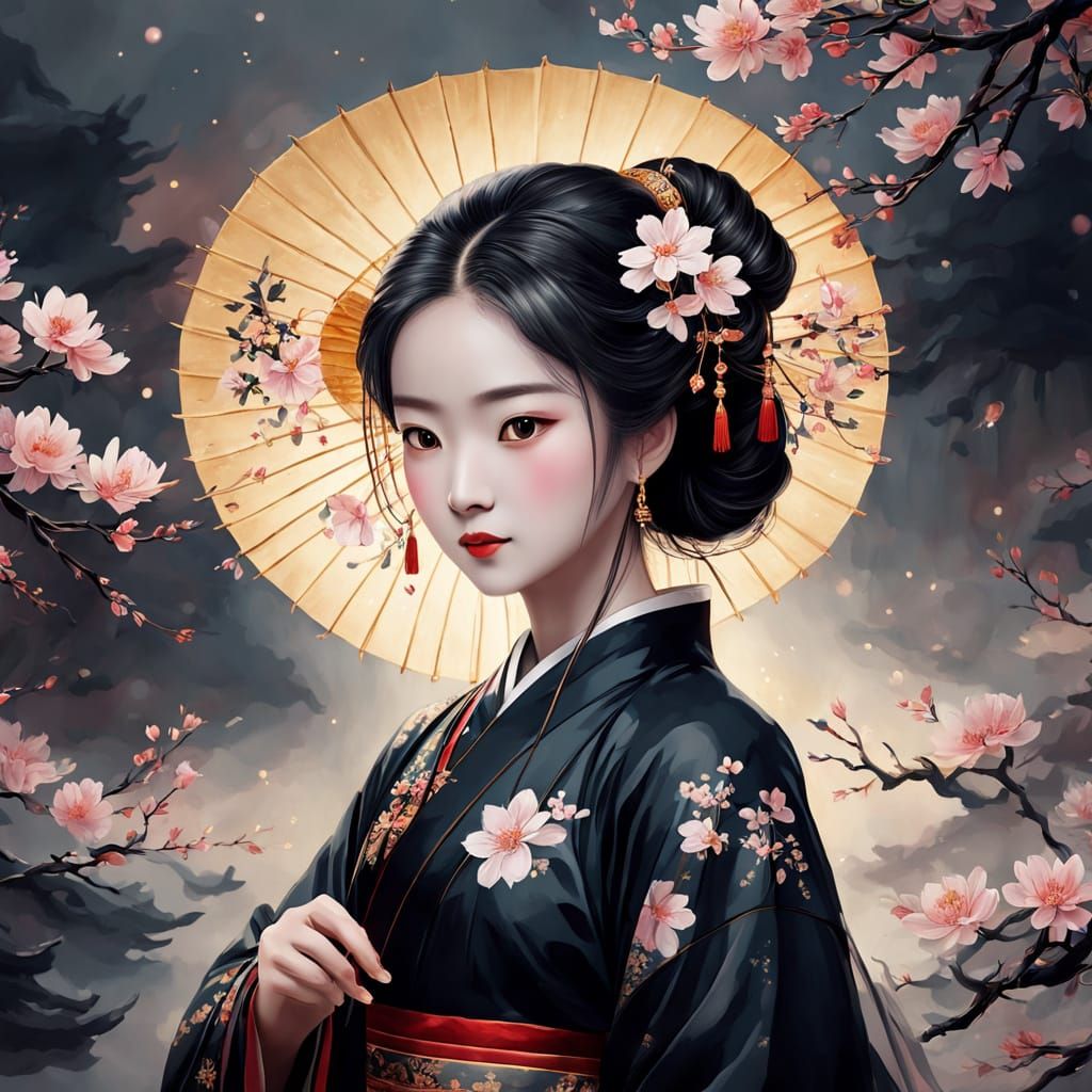 Chinese Goddess Portrait with Floral Fan in Digital Art