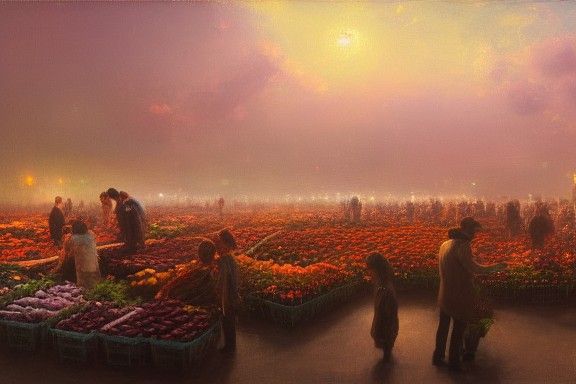 Twilight Flower Market in Hyperrealistic Oil Painting Style