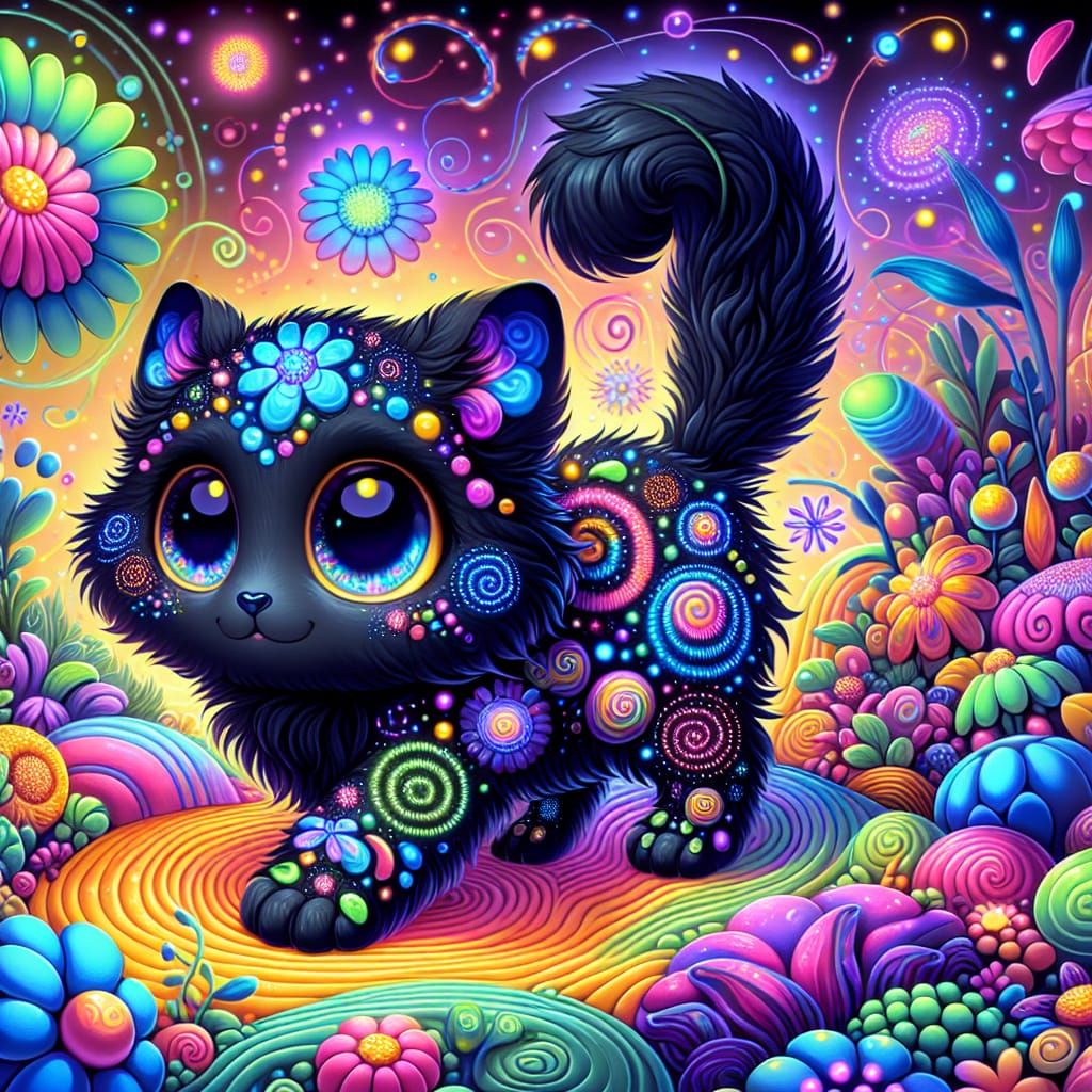Vibrant Whimsy: Psychedelic Kitty Explores Colorful World
