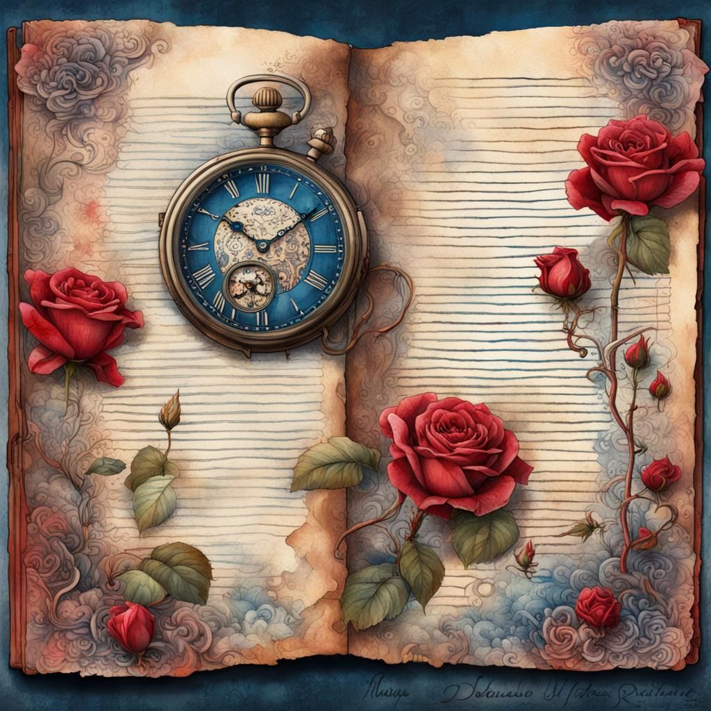 Red and Blue Roses on Musical Journal Page