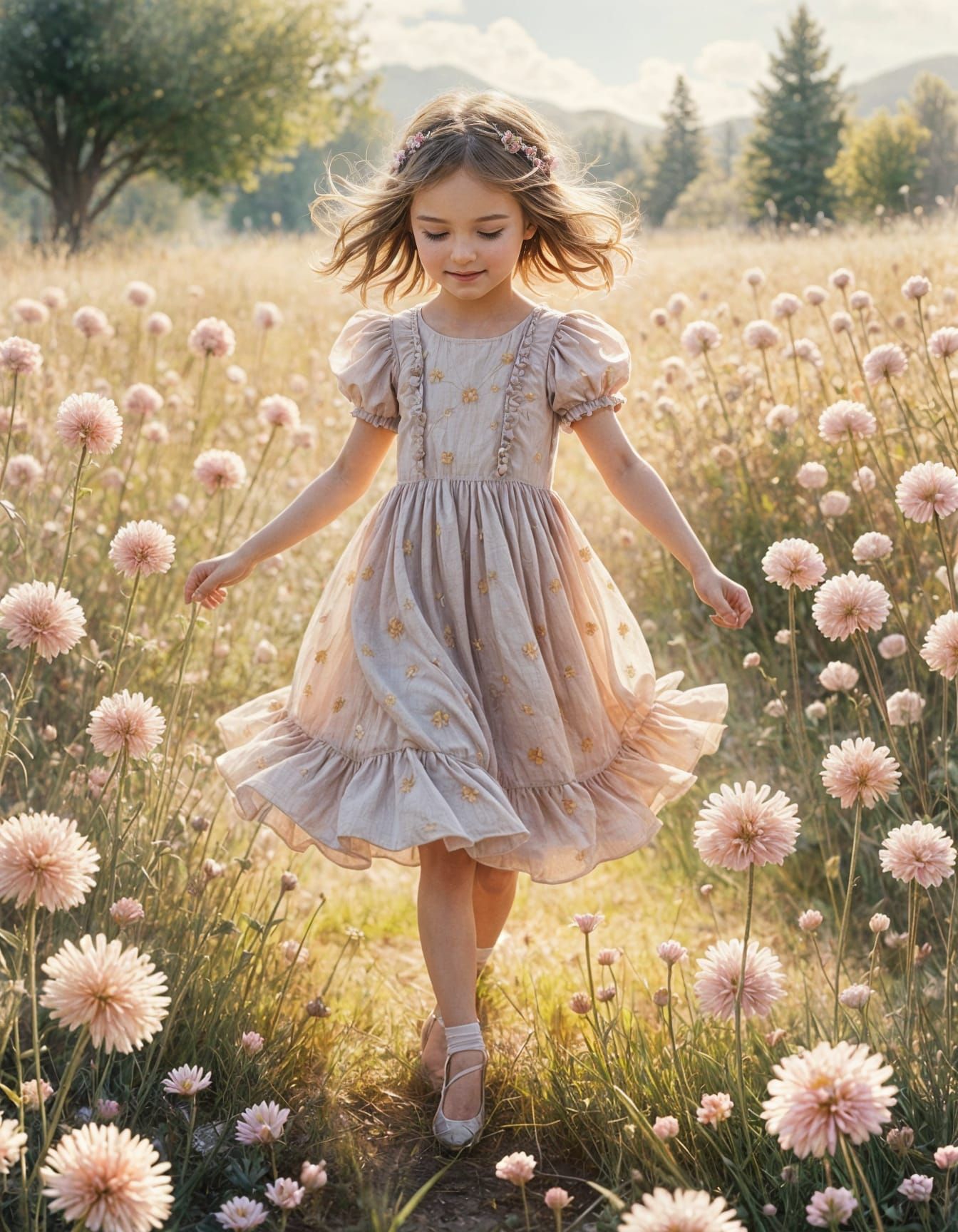 Girl Dances in Pom Pom Flower Field: Storybook Illustration