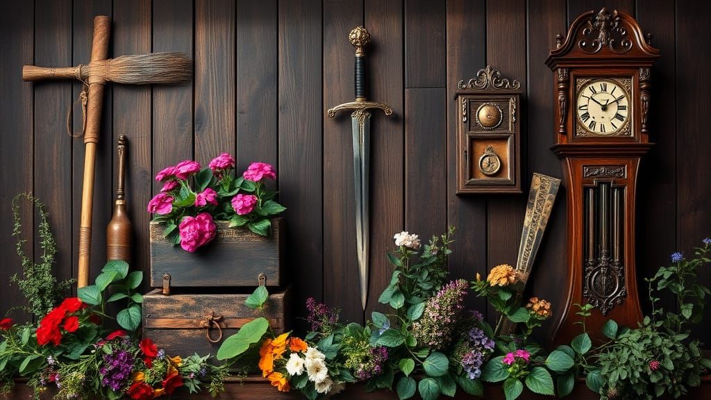 Rustic Still Life with Antique Curios and Lush Greenery