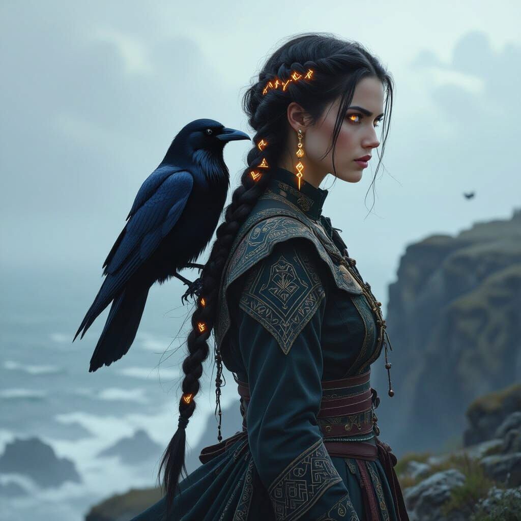 Woman with Raven on Windswept Cliff, Digital Painting