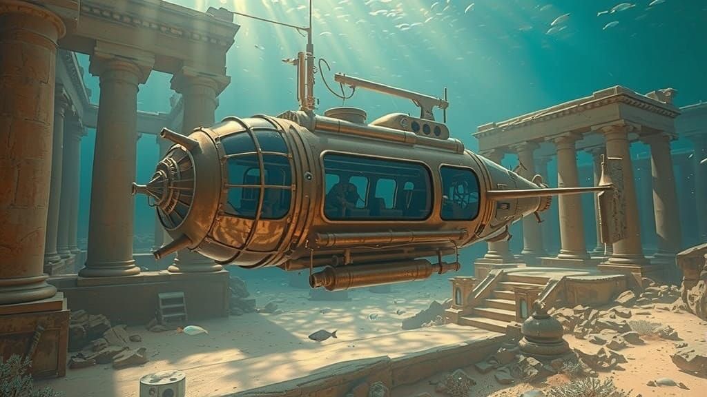 Steampunk Submarine Explores Bioluminescent Underwater Ruins