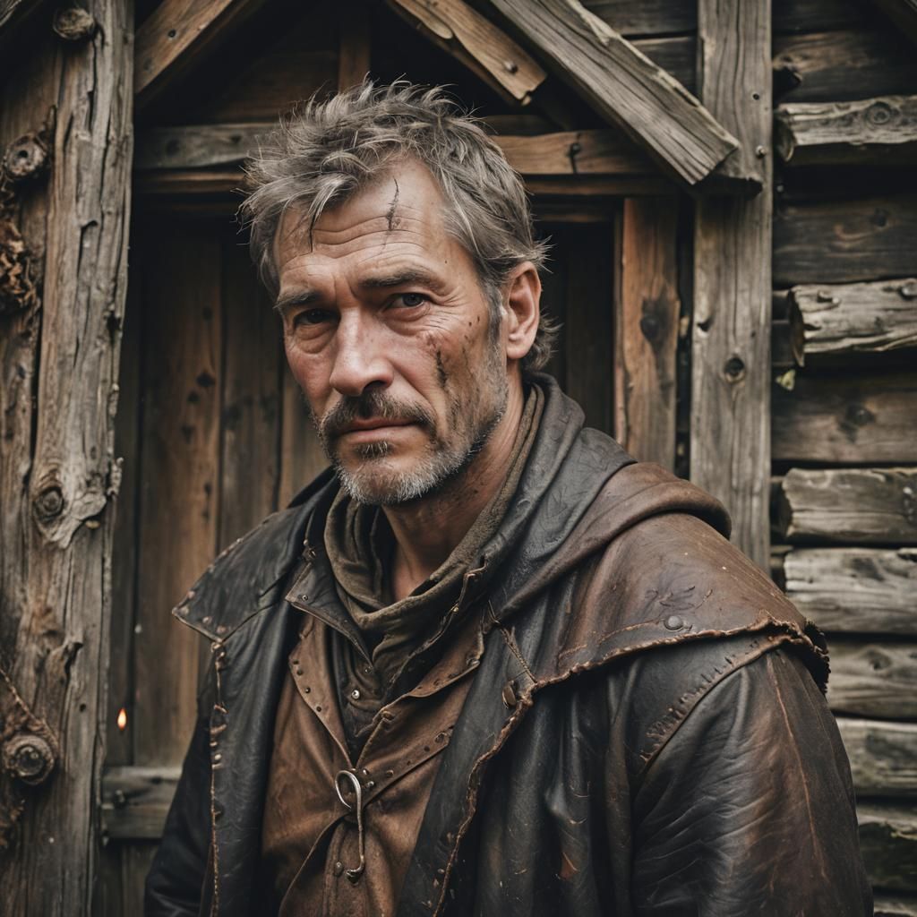 Weathered Woodsman Portrait in Medieval Cabin, Low-Key Photo...