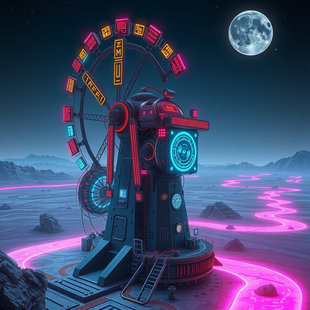 Neon Futuristic Windmill in Lunar Landscape