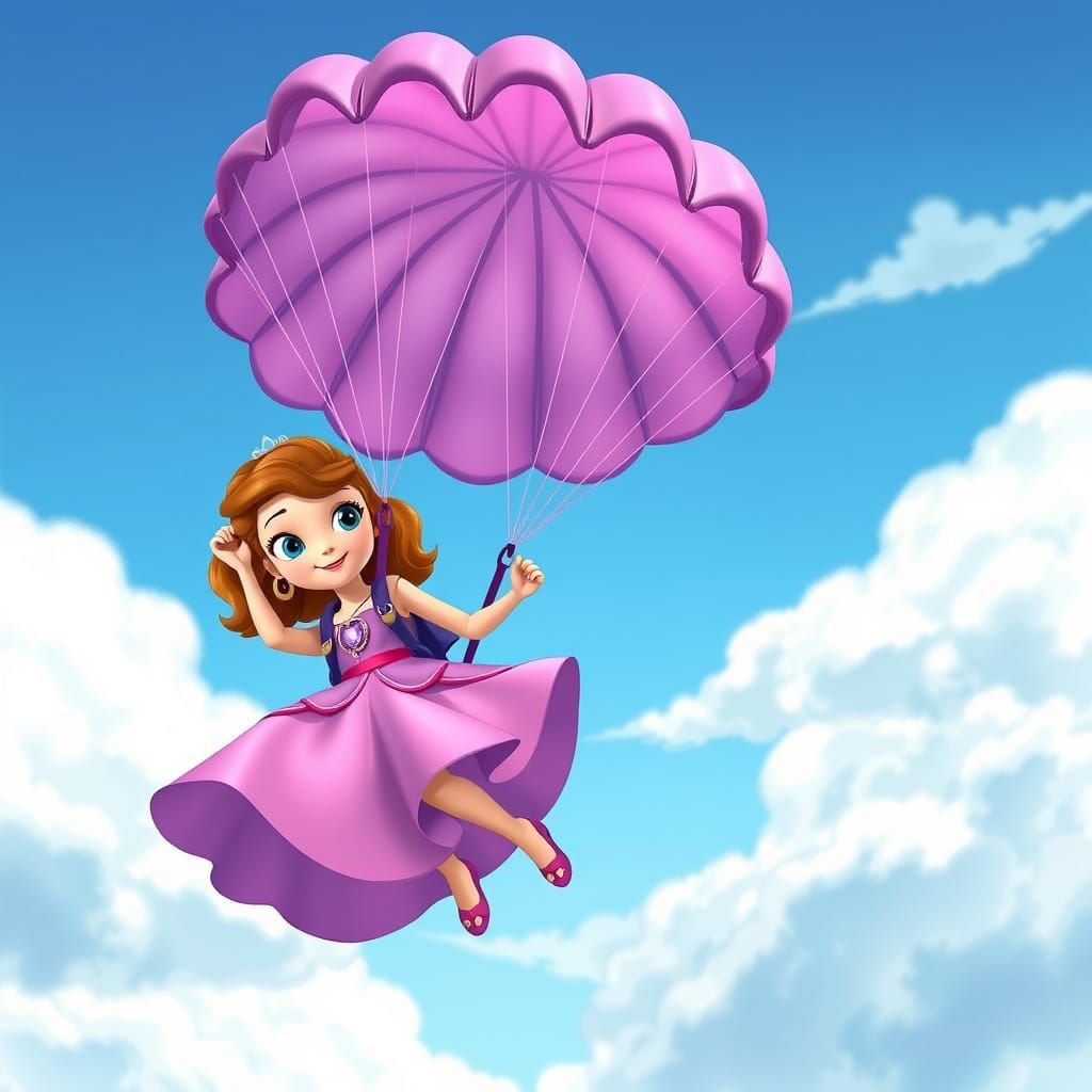 Princess Sofia Skydiving in Whimsical Disney Style