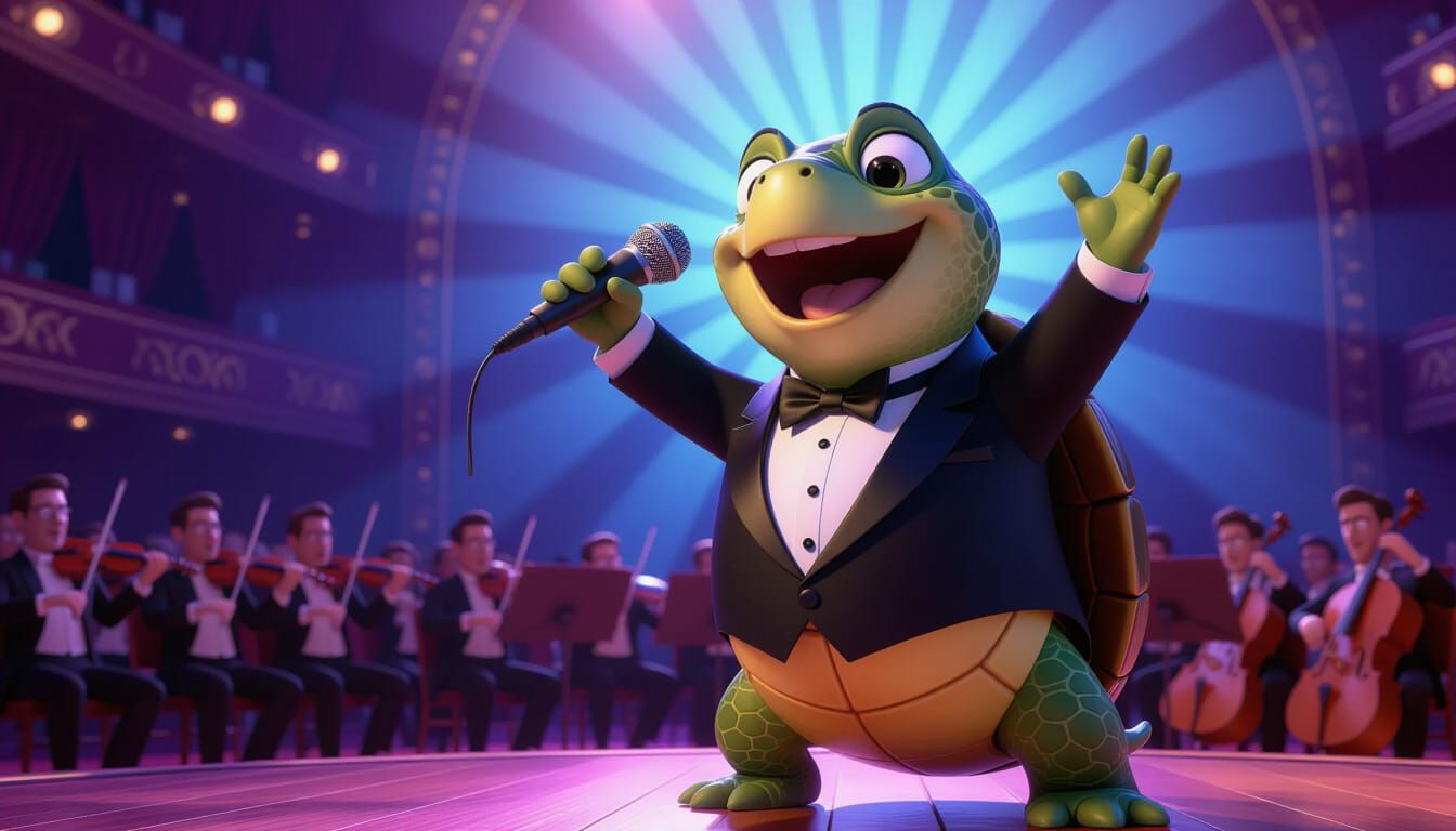 Singing Turtle on Opera Stage in Pixar Style
