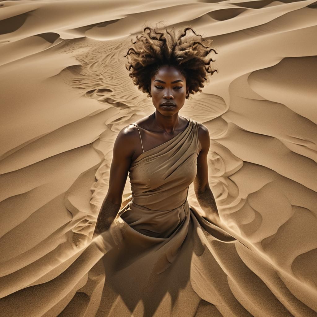 Surreal Sand Portrait: Woman Blending with Desert Landscape