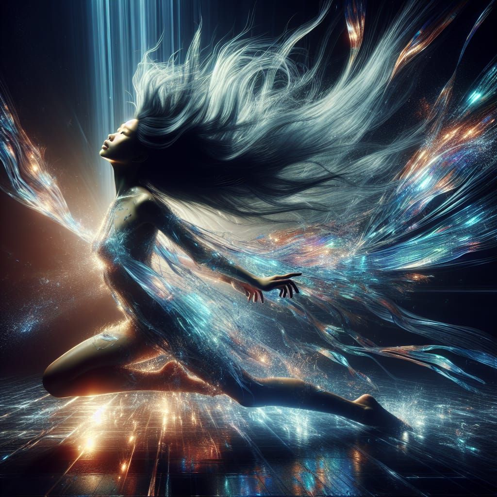 Asian Girl Mid-Jump with Iridescent Hair