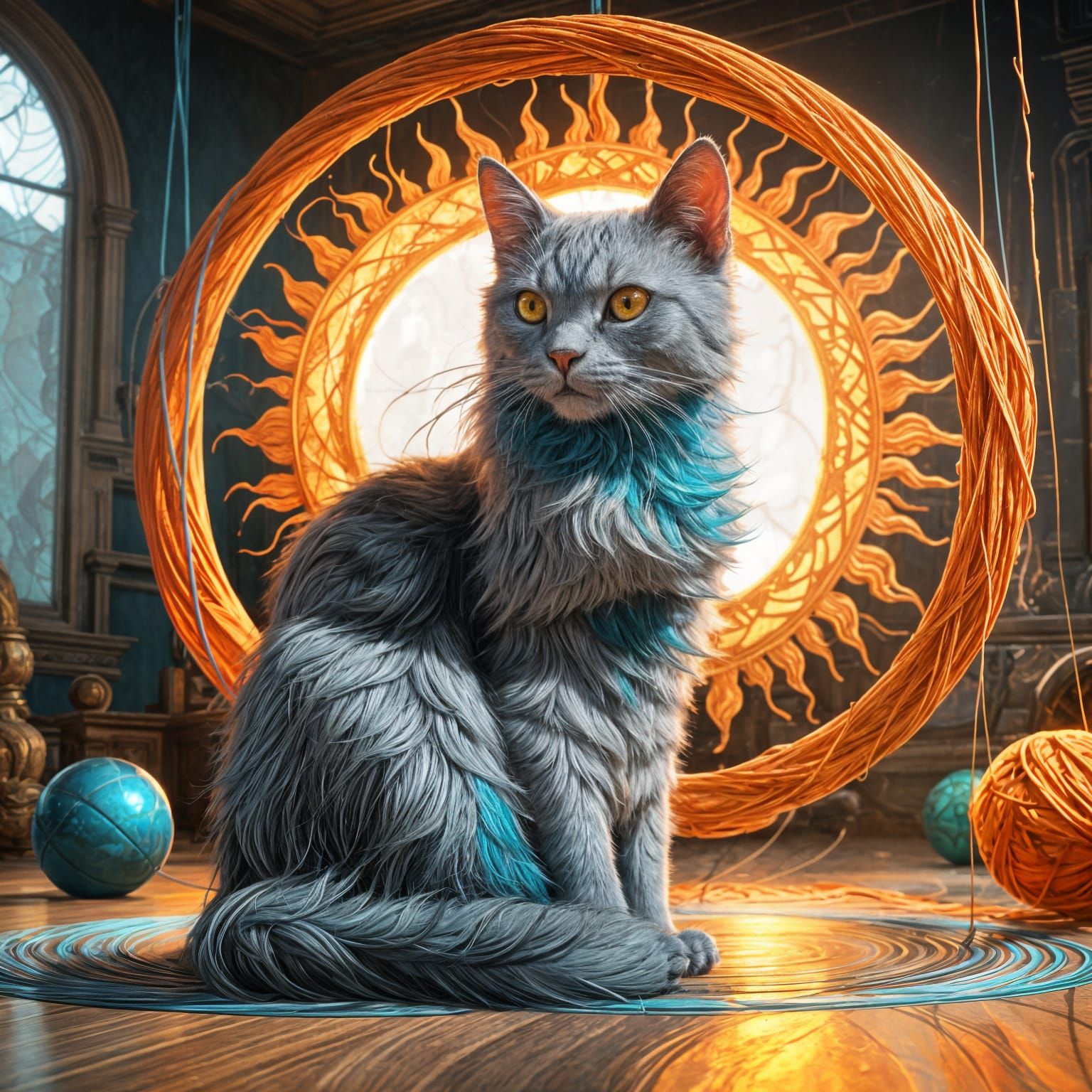 Gray-Blue Cat with Yarn Sun, Digital Art