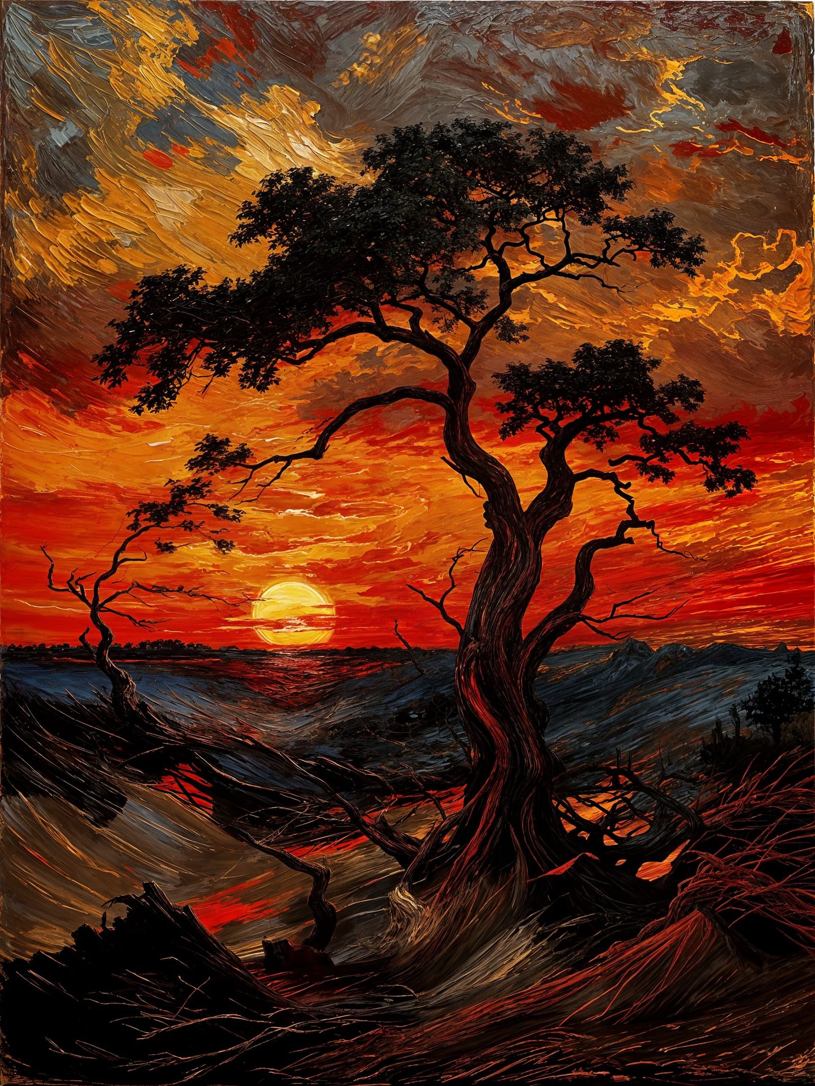 Expressionist Sunset Landscape with Windswept Tree